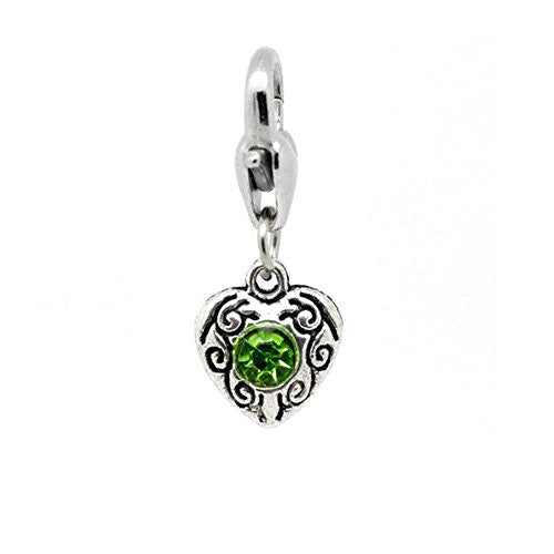 Heart Antique Silver Green Rhinestone Clip On Charms. Fits Thomas Sabo  26x10mm, - Sexy Sparkles Fashion Jewelry